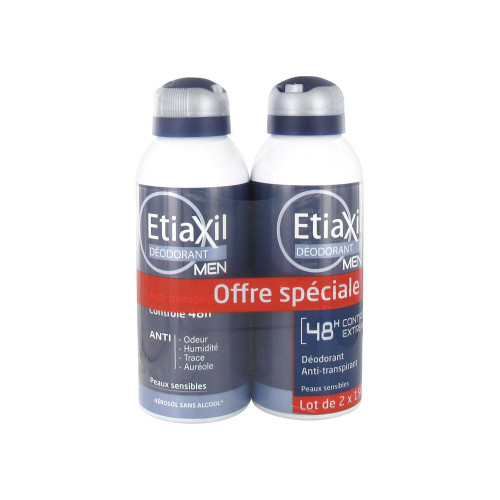 ETIAXIL Déodorant Men Anti-Transpirant Contrôle 48H Aérosol Lot de 2 x 150 ml-14156