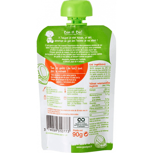 Brassé Végétal Lait de Coco Mangue Banane Passion dès 6 Mois Bio 90 g