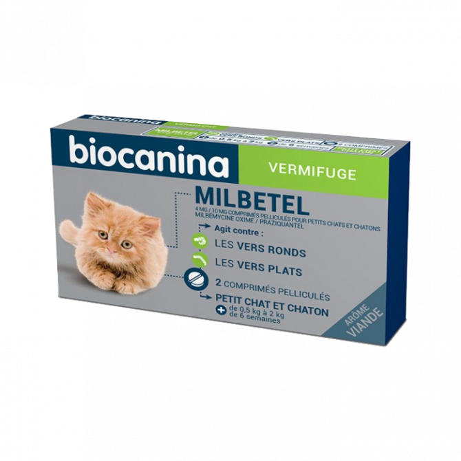 Milbetel Vermifuge 4 mg/10 mg pour Chats et Chatons 2 comprimés pelliculés