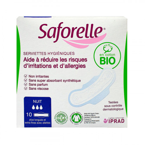 SAFORELLE 10 serviettes hygiéniques nuit extra-fines avec ailettes-17652 SAFORELLE 10 serviettes hygiéniques nuit extra-fines avec ailettes-17652