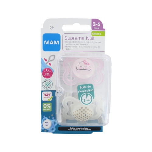 MAM Supreme Nuit 2 Sucettes Silicone 2-6 Mois-17679 MAM Supreme Nuit 2 Sucettes Silicone 2-6 Mois-17679