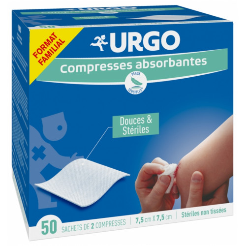 URGO Compresses Absorbantes Douces & Stériles Non Tissées 7,5 cm x 7,5 cm 50 Sachets de 2 Compresses-18229 URGO Compresses Absorbantes Douces & Stériles Non Tissées 7,5 cm x 7,5 cm 50 Sachets de 2 Compresses-18229