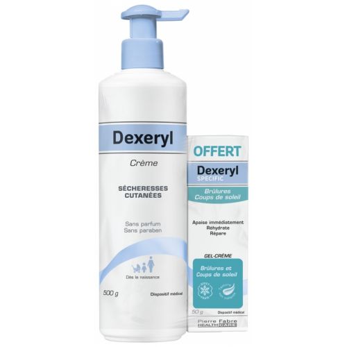 Dexeryl Crème Sécheresses Cutanées 500 g + Dexeryl Specific Brûlures Coups de Soleil 50 g Offert