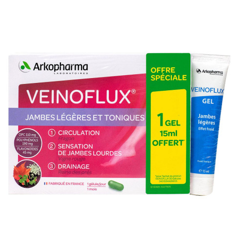 Veinoflux jambes légères et toniques 30 gélules + gel 15ml offert Veinoflux jambes légères et toniques 30 gélules + gel 15ml offert