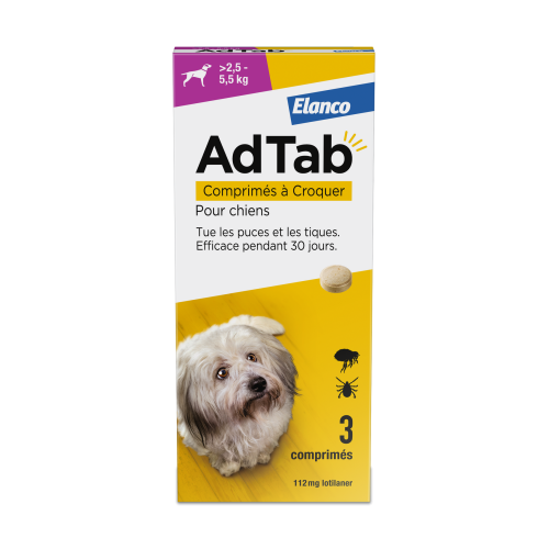 AdTab 112 mg Traitement Puces et Tiques Chien 2,5 à 5,5 kg - 3 Comprimés AdTab 112 mg Traitement Puces et Tiques Chien 2,5 à 5,5 kg - 3 Comprimés