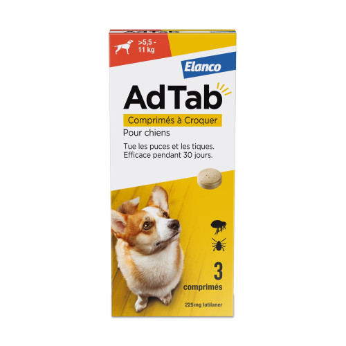 AdTab 225 mg Traitement Puces et Tiques Chien 5,5 à 11 kg - 3 Comprimés AdTab 225 mg Traitement Puces et Tiques Chien 5,5 à 11 kg - 3 Comprimés