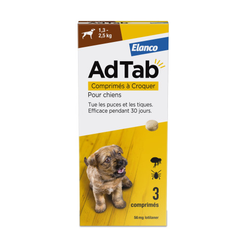 AdTab 56,25 mg Traitement Puces et Tiques Chien 1,3 à 2,5 kg - 3 Comprimés AdTab 56,25 mg Traitement Puces et Tiques Chien 1,3 à 2,5 kg - 3 Comprimés