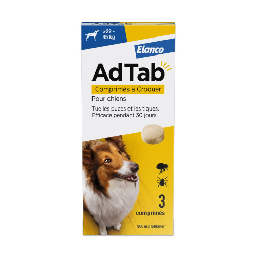 AdTab 900 mg Traitement Puces et Tiques Chien 22 à 45 kg - 3 Comprimés AdTab 900 mg Traitement Puces et Tiques Chien 22 à 45 kg - 3 Comprimés
