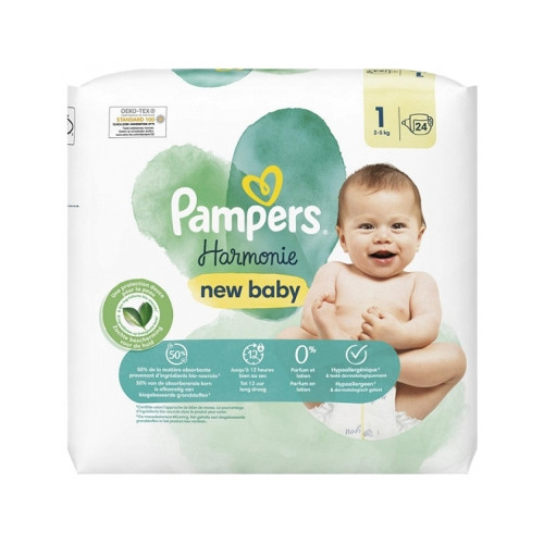 Pampers Harmonie 24 Couches Taille 1 - Protection 12h Bio-Sourcé