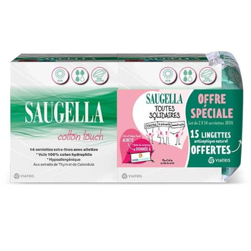 COTTON TOUCH - Serviettes Extra Fines avec Ailettes Jour + Lingettes, 2x14 Serviettes + 15 Lingettes COTTON TOUCH - Serviettes Extra Fines avec Ailettes Jour + Lingettes, 2x14 Serviettes + 15 Lingettes