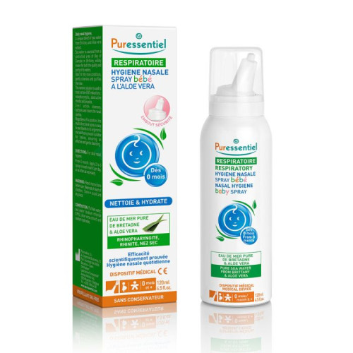 Hygiène Nasale Spray Bébé 120ml Respiratoire Eau de Mer et Aloe Vera Puressentiel Hygiène Nasale Spray Bébé 120ml Respiratoire Eau de Mer et Aloe Vera Puressentiel