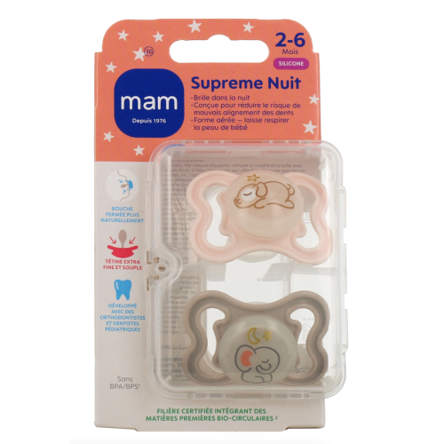 Supreme Sucettes anatomiques silicone 2-6 Mois Nuit