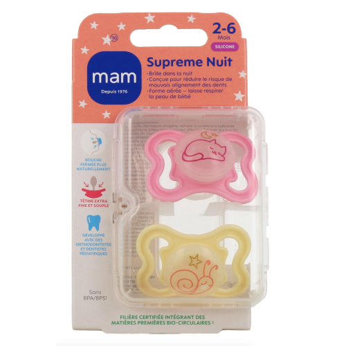 Supreme Sucettes anatomiques silicone 2-6 Mois Nuit Supreme Sucettes anatomiques silicone 2-6 Mois Nuit