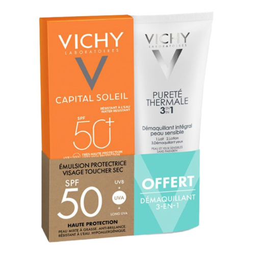 Capital Soleil Émulsion Protectrice Visage SPF50 50 ml + Pureté Thermale Démaquillant Intégral 100 ml Offert