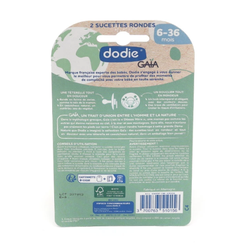 Gaia Sucette ronde caoutchouc naturel 6-36 mois 2 sucettes