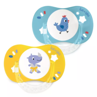 Sucette silicone anatomique avec anneau 6-18m Rhinocéros & Coq 2 sucettes