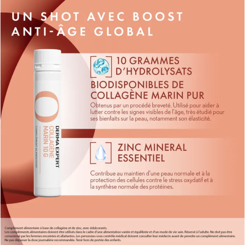 DERMA EXPERT Complément Alimentaire Collagène Marin 10g, 10 Shots Liquides