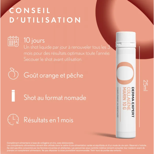 DERMA EXPERT Complément Alimentaire Collagène Marin 10g, 10 Shots Liquides