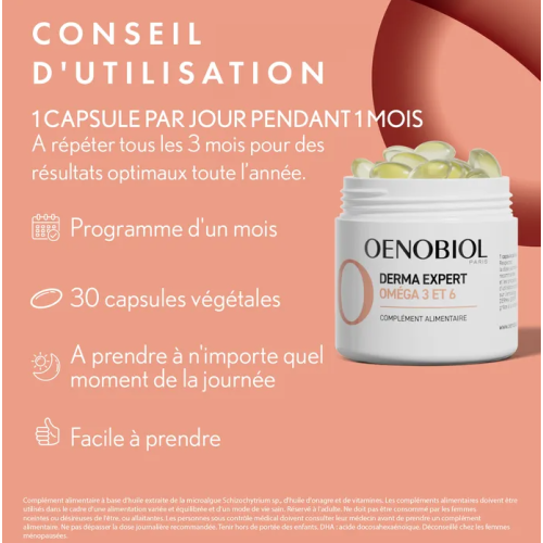 DERMA EXPERT Complément Alimentaire Oméga 3 et 6, 30 Capsules Végétales