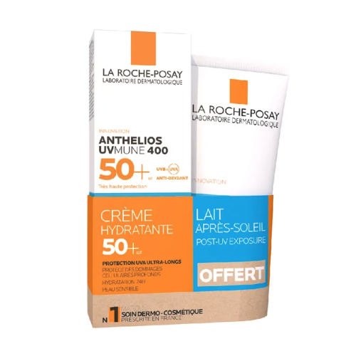 ANTHELIOS UVMUNE 400 SPF50+ Crème Solaire Hydratante Visage Avec Parfum, 50 ml + Lait après-soleil 75 ml Offert ANTHELIOS UVMUNE 400 SPF50+ Crème Solaire Hydratante Visage Avec Parfum, 50 ml + Lait après-soleil 75 ml Offert