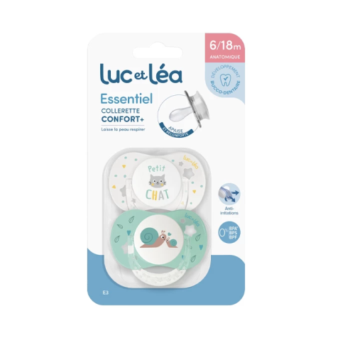 Essentiel 2 Sucettes Anatomiques Collerette Confort + 6-18 Mois Petit Chat et Escargots Essentiel 2 Sucettes Anatomiques Collerette Confort + 6-18 Mois Petit Chat et Escargots