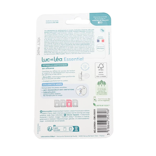 Essentiel 2 Sucettes Anatomiques Collerette Confort + 6-18 Mois Petit Chat et Escargots