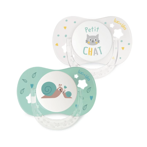 Essentiel 2 Sucettes Anatomiques Collerette Confort + 6-18 Mois Petit Chat et Escargots
