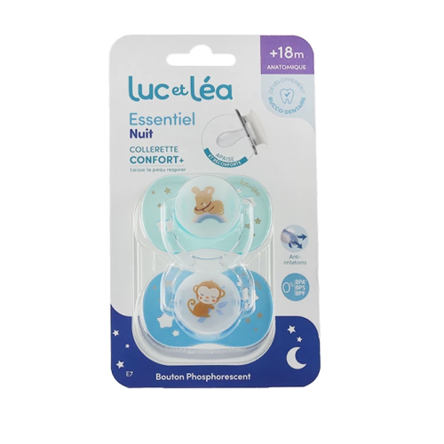 Duo de Sucettes anatomiques 18 mois et plus Essentiel nuit phosphorescentes Duo de Sucettes anatomiques 18 mois et plus Essentiel nuit phosphorescentes