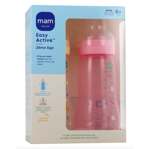 Easy Active Biberon 2ème âge 330 ml Duo Beige Feuille et Rose Cerise