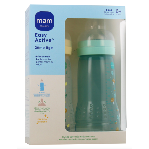 Easy Active Biberon 2ème âge 330 ml Duo Beige Feuille et Bleu Champignon