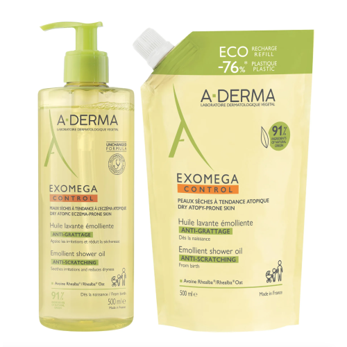 Exomega Control Huile Lavante Émolliente Anti-Grattage 500 ml + recharge 500 ml