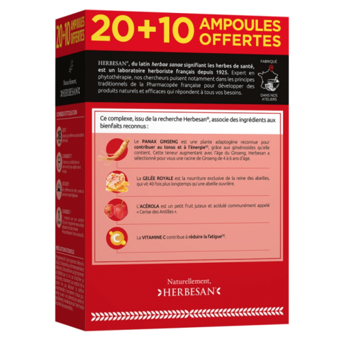 Panax Ginseng CA Meyer Gelée Royale Vitamine C Acérola 20 Ampoules + 10 Ampoules Offertes