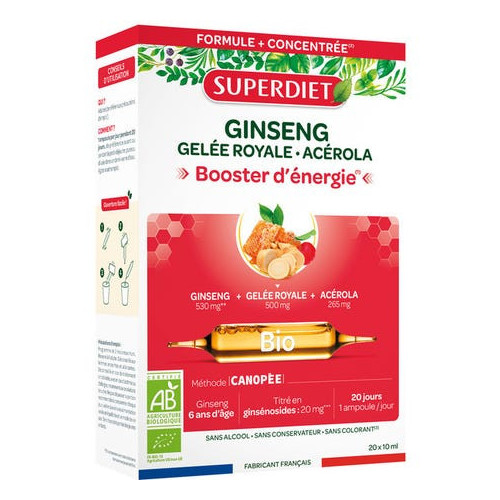 Superdiet Ginseng Gelée Royale Acerola Bio Booster d'énergie 20x10ml
