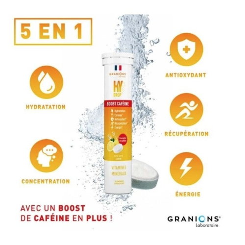 HyDrop Vitamines Minéraux Boost Caféine 20 Comprimés Effervescents Citron