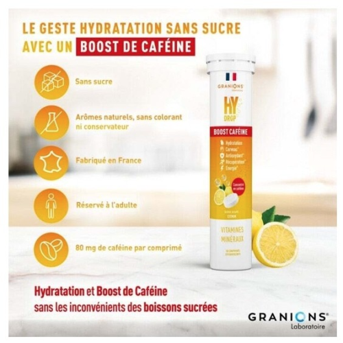 HyDrop Vitamines Minéraux Boost Caféine 20 Comprimés Effervescents Citron