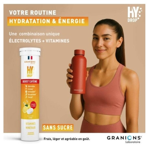 HyDrop Vitamines Minéraux Boost Caféine 20 Comprimés Effervescents Citron