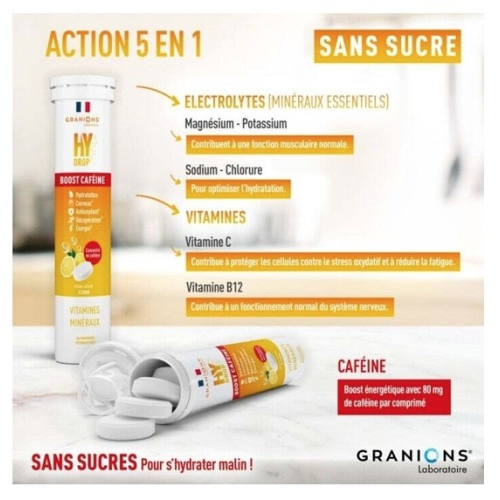 HyDrop Vitamines Minéraux Boost Caféine 20 Comprimés Effervescents Citron