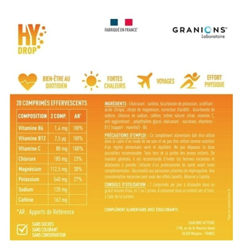 HyDrop Vitamines Minéraux Boost Caféine 20 Comprimés Effervescents Citron