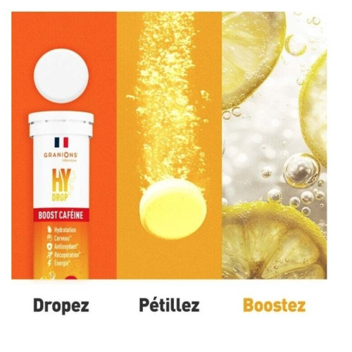 HyDrop Vitamines Minéraux Boost Caféine 20 Comprimés Effervescents Citron