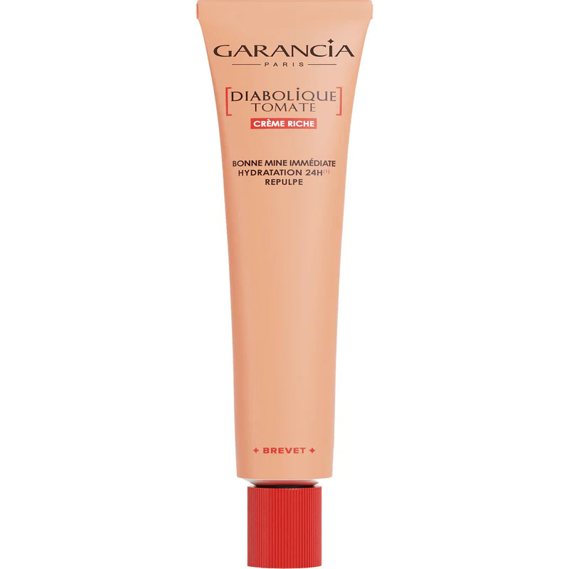 Tube Crème Riche Diabolique Tomate Garancia 30ml, couleur pêche avec bouchon rouge et détails de mar