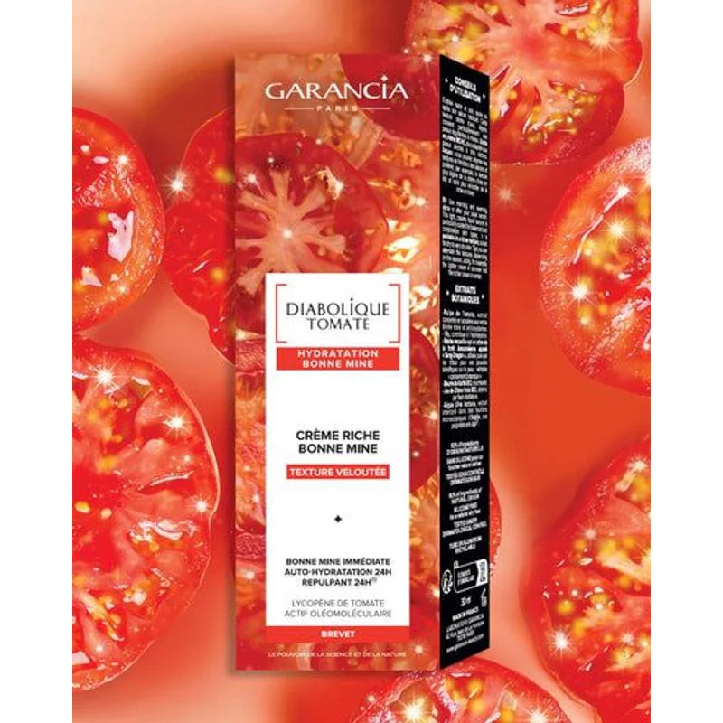 Emballage Crème Riche Diabolique Tomate Garancia avec motifs tomate, mettant en avant les bienfaits 