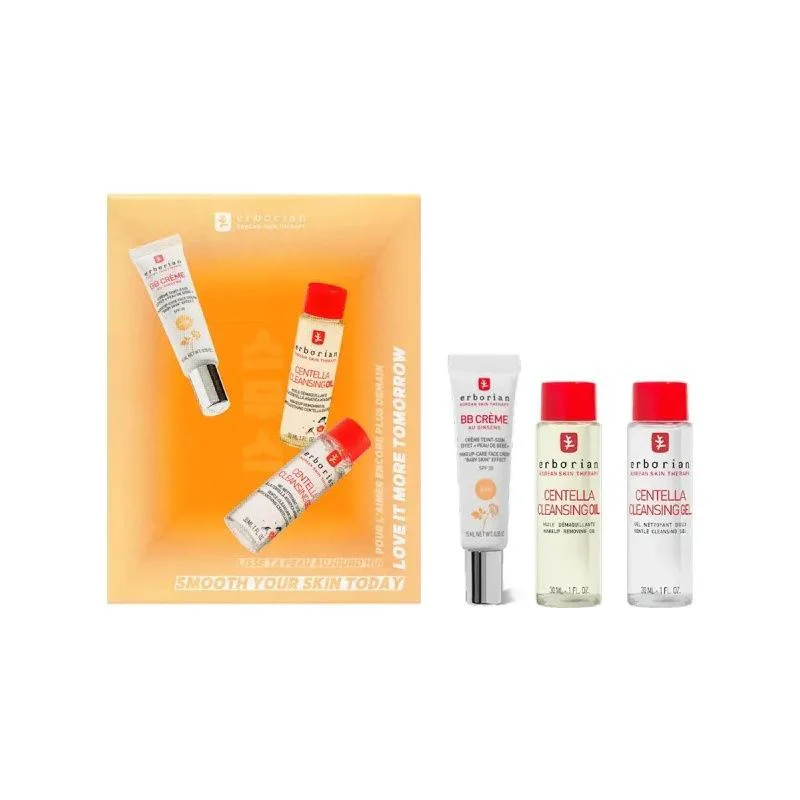 Kit Erborian 1064317 affiché avec tube de BB Crème, flacon d'huile nettoyante Centella et gel nettoy