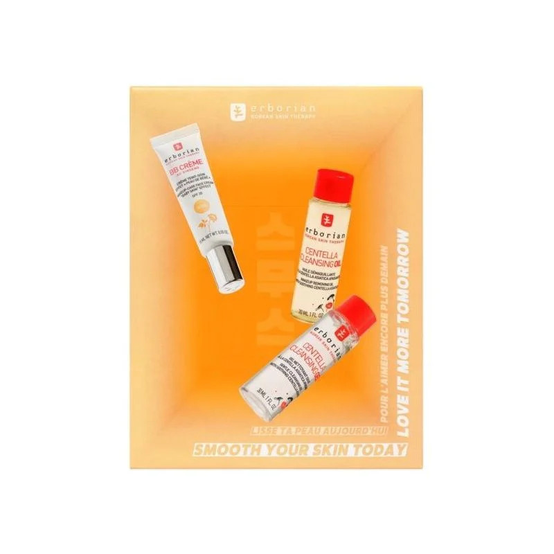 Kit Erborian BB Cleans Duo Nude disposé dans une boîte cartonnée orange, avec tube de BB Crème, Huil