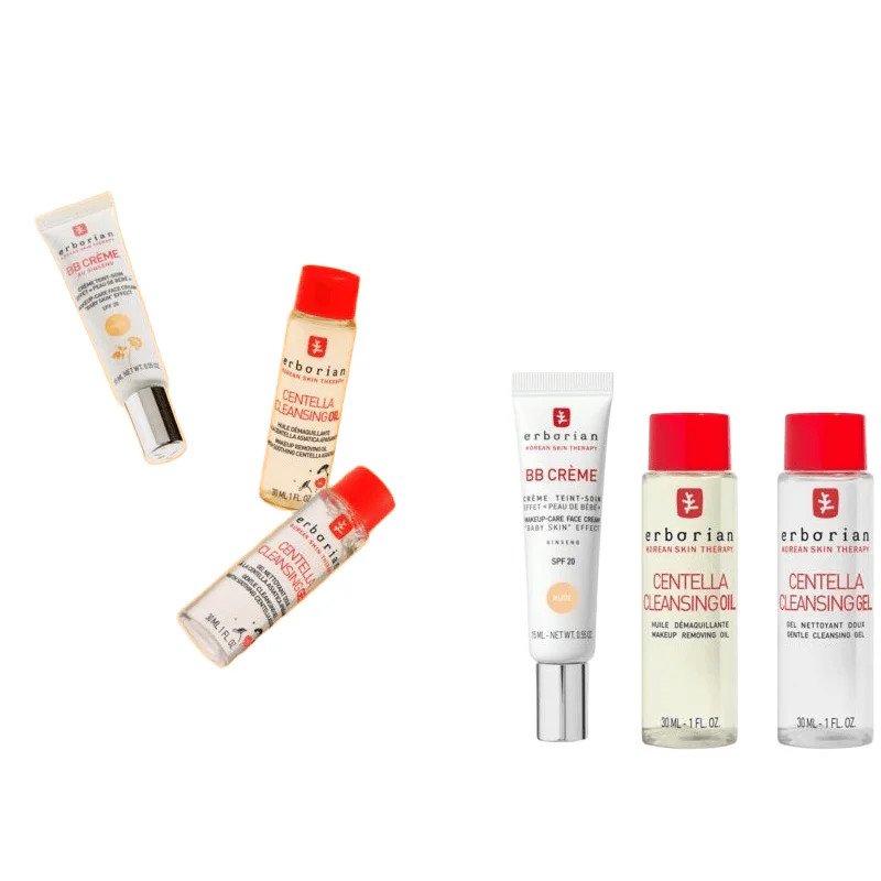 Kit BB Cleans Duo Nude Erborian ouvert sur fond orange, avec tube BB Crème Ginseng Nude SPF 20, Huil