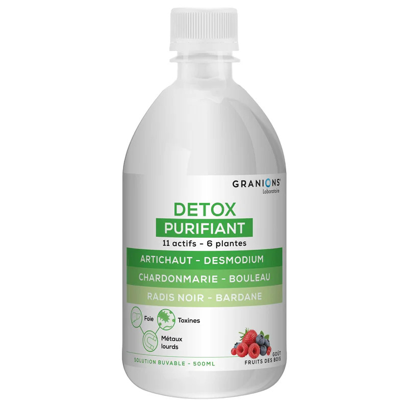 Flacon Granions Minceur Detox Drink 500 ml saveur fruits rouges, soutien détox foie et digestion.