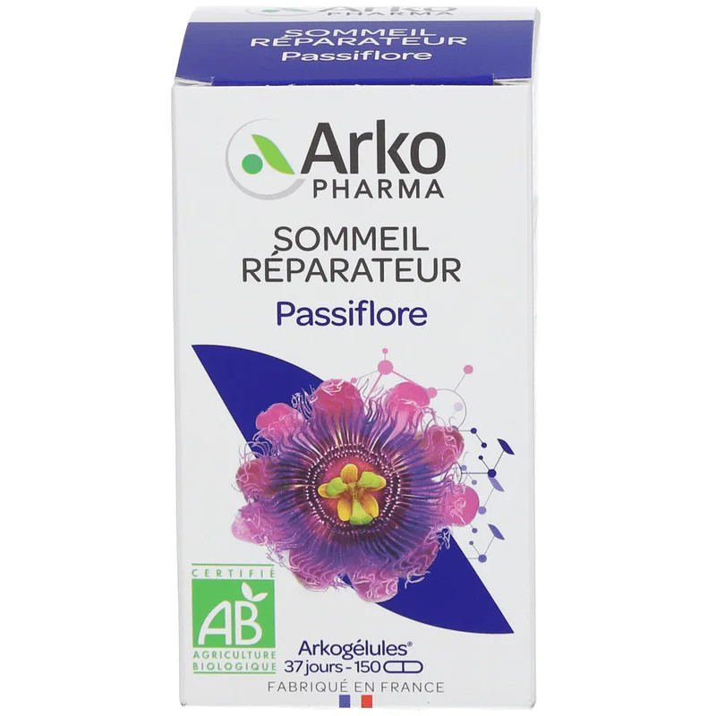 Boîte Arkopharma BIO Passiflore à côté du flacon ambré de gélules, mise en valeur du packaging, desi