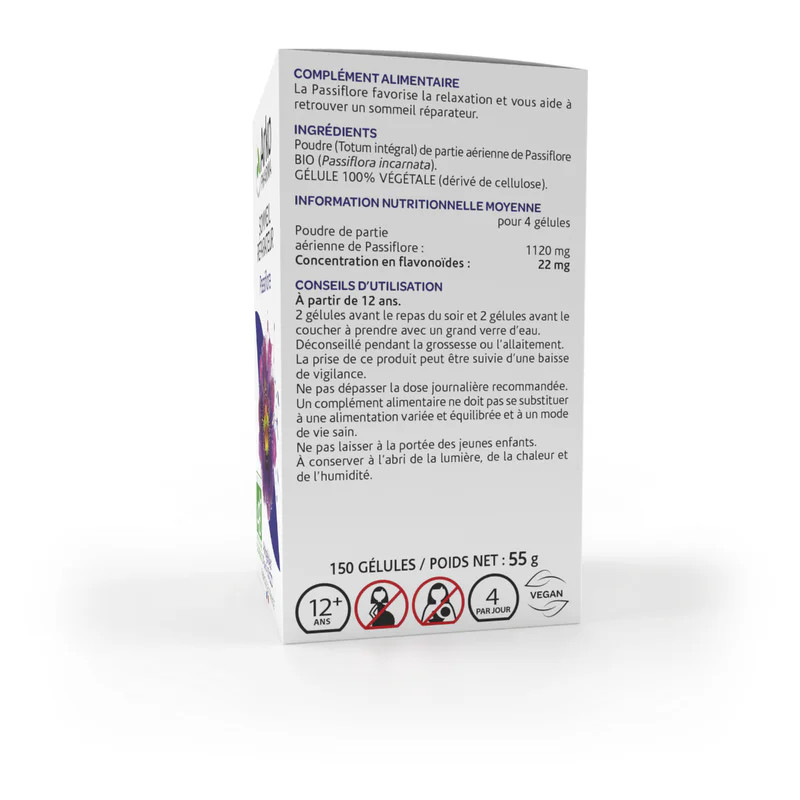 Vue latérale de la boîte Arkopharma Passiflore montrant logo Arkopharma, titre sommeil réparateur, g