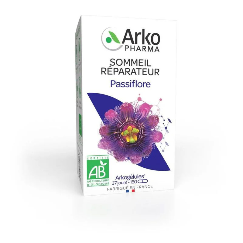 Vue avant de la boîte Arkogélules BIO Passiflore d'Arkopharma avec illustration de passiflore violet
