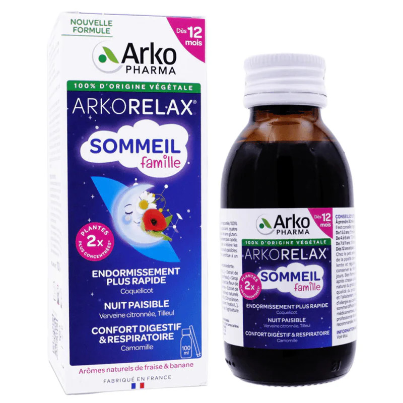 Packshot ARKORELAX SOMMEIL FAMILLE : boîte et flacon de sirop en verre brun avec bouchon blanc, met 