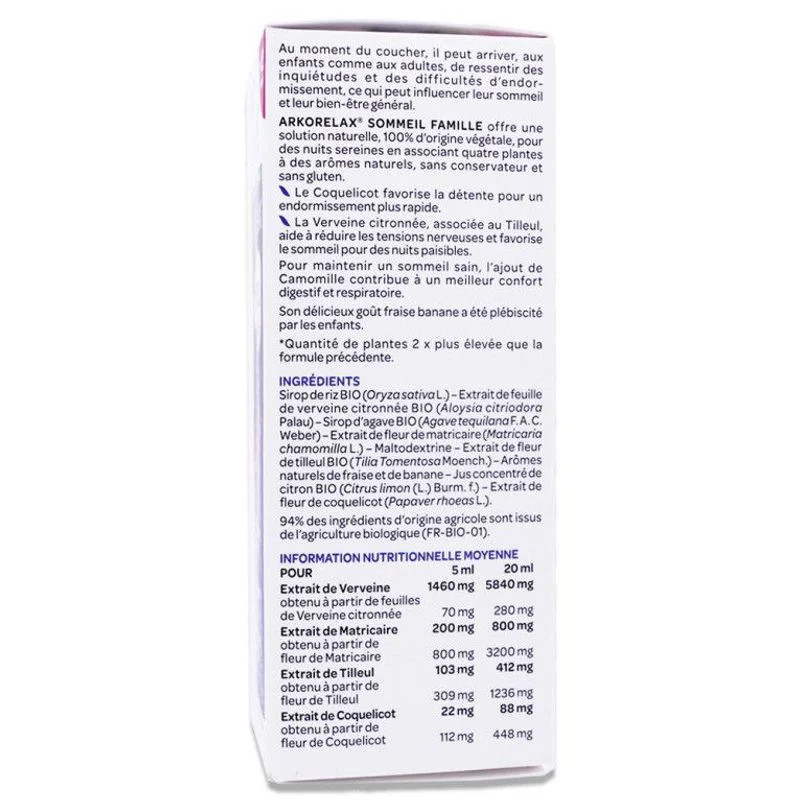 Gros plan du panneau latéral de la boîte ARKORÉLAX SOMMEIL FAMILLE listant ingrédients, infos nutrit